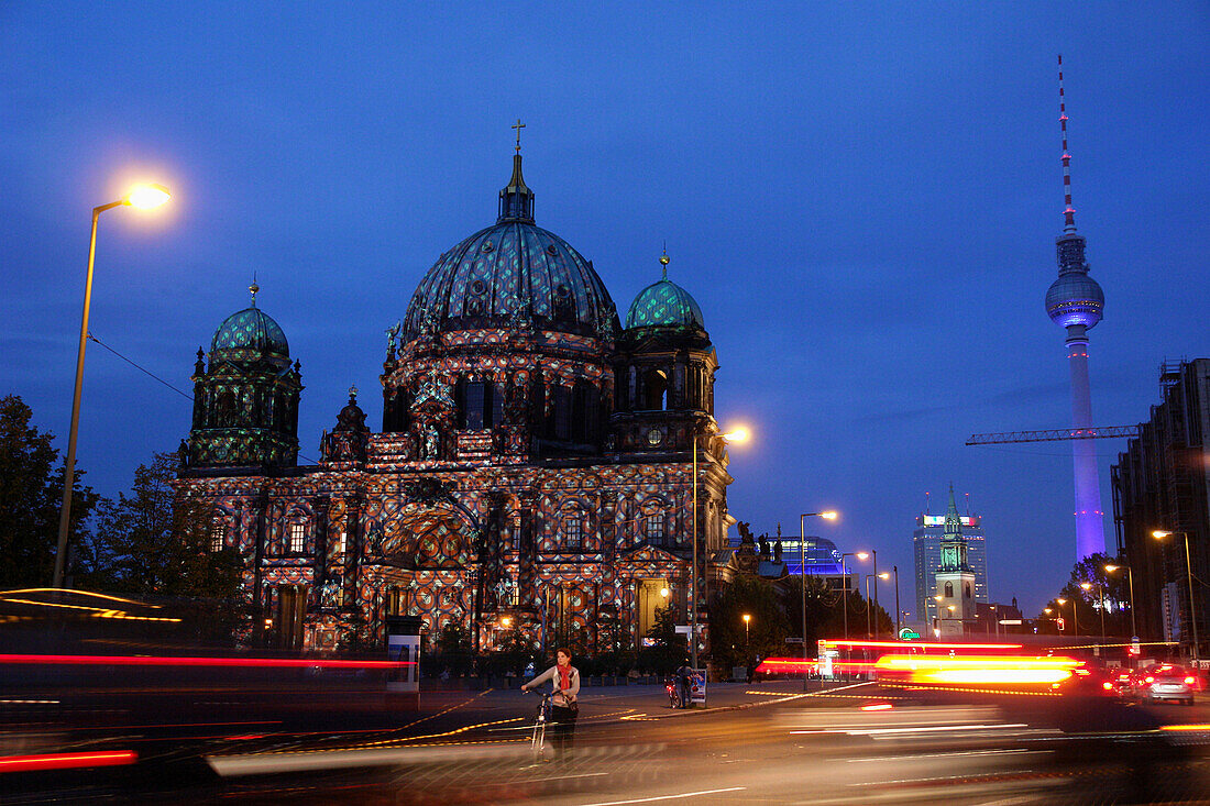 Berlin Cathedral and Television Tower at night, Berlin, Germany