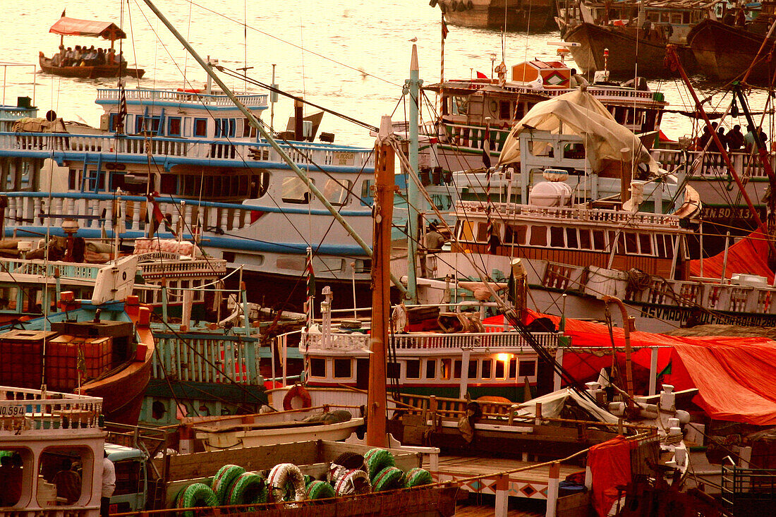 Dhow harbour at dusk, Dubai, United Arab Emirates, UAE