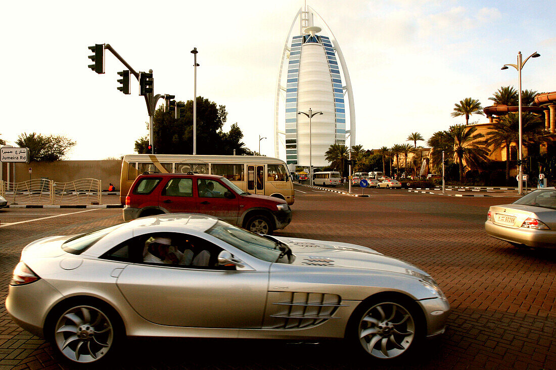 Sports Car in front of Burj al Arab, Dubai, United Arab Emirates, UAE