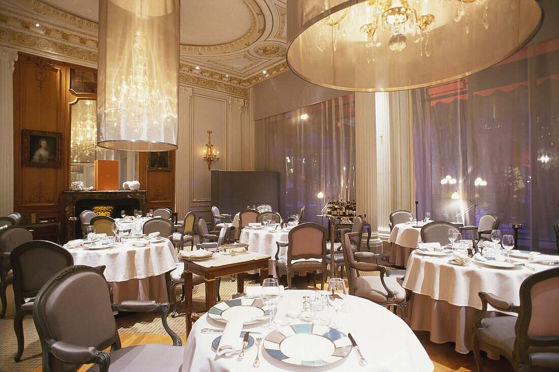 Inside Restaurant Alain Ducasse, Hotel Plaza Athenee, Paris, France