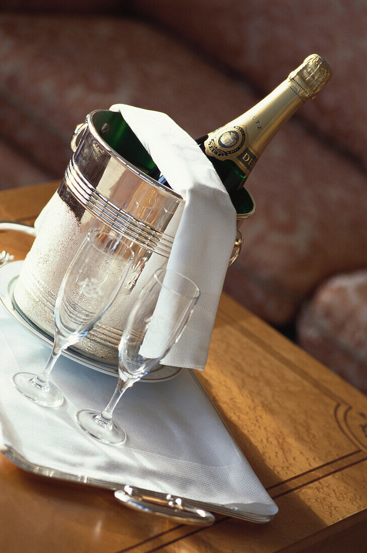 Room service, bottle of champagne and two glasses in Hotel Le Meurice, Accomodation, Luxury, Paris, France