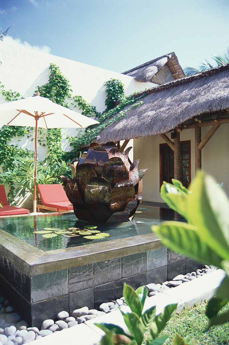Wellnessbereich, Spa mit Brunnen, Hotel Le Prince Maurice, Urlaub, Übernachtung, Mauritius, Afrika