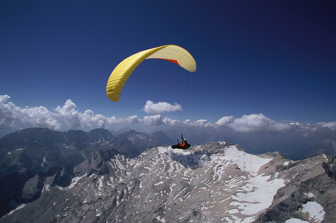 Paraglider over the Zugspitze, Paragliding, Mountain, Sport, Upper Bavaria, Bavaria, Germany