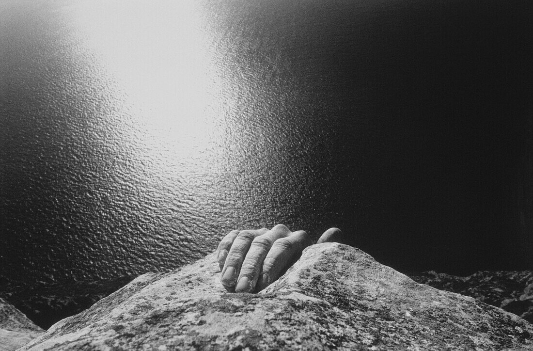 Hand of a man freeclimbing, climbing a rock face above the sea, Rock, Rock face, Hand, Sport