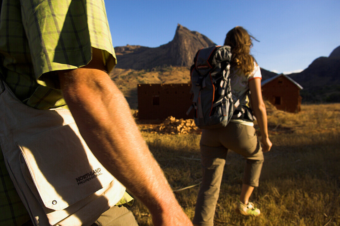 Two people hiking in the mountains, Madagascar, Africa