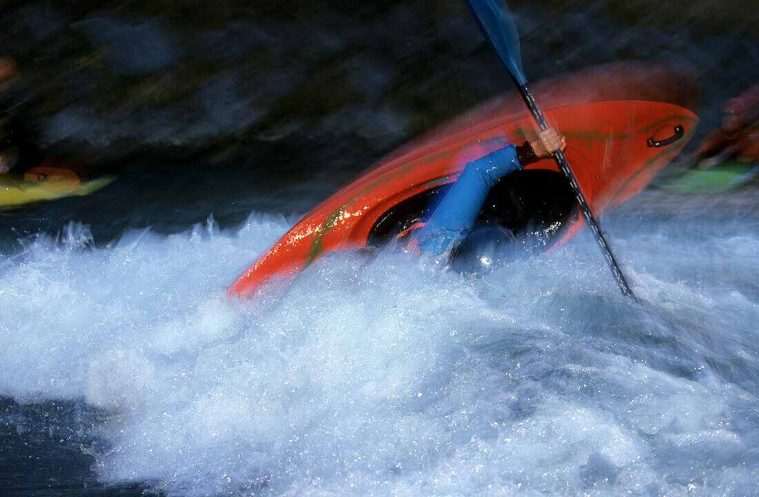 White water kayaker rolling, river Mangfall, Upper Bavaria, Bavaria, Germany