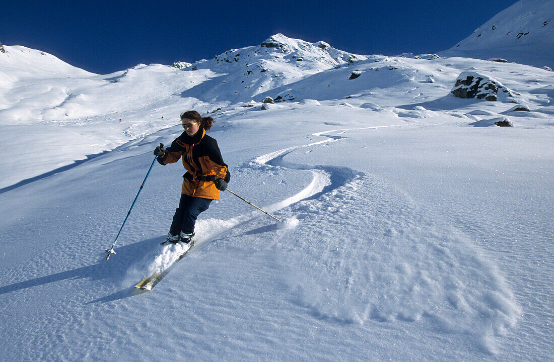 Backcountry skiing in powder, Hochfügen, Range of Zillertaler Alpen, Tyrol, Austria