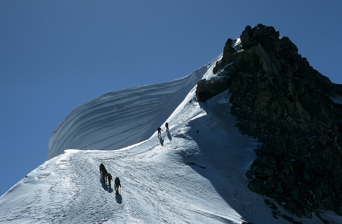 mountaineerers at corniced ridge of Mont Blanc du Tacul, Mont Blanc range, France