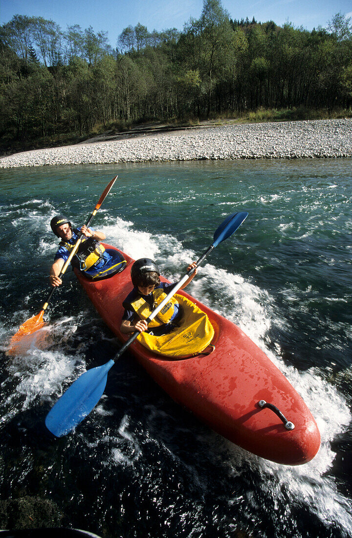 kayaker in double-kayak, Tiroler Ache, Kössen, Tyrol, Austria