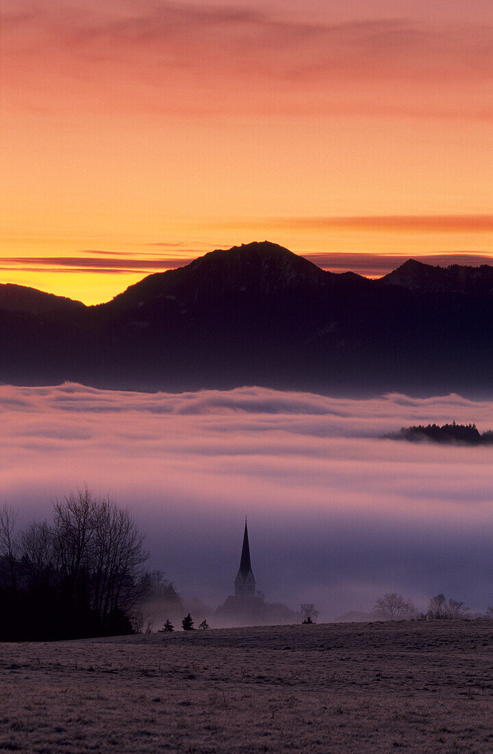 Sea of fog over Chiemsee, Chiemgau Alps in background, Chiemgau, Upper Bavaria, Bavaria, Germany