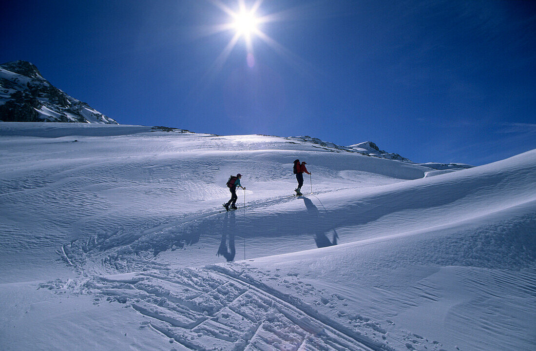 two backcountry skiiers on track in backlight, Berchtesgaden range, Upper Bavaria, Bavaria, Germany