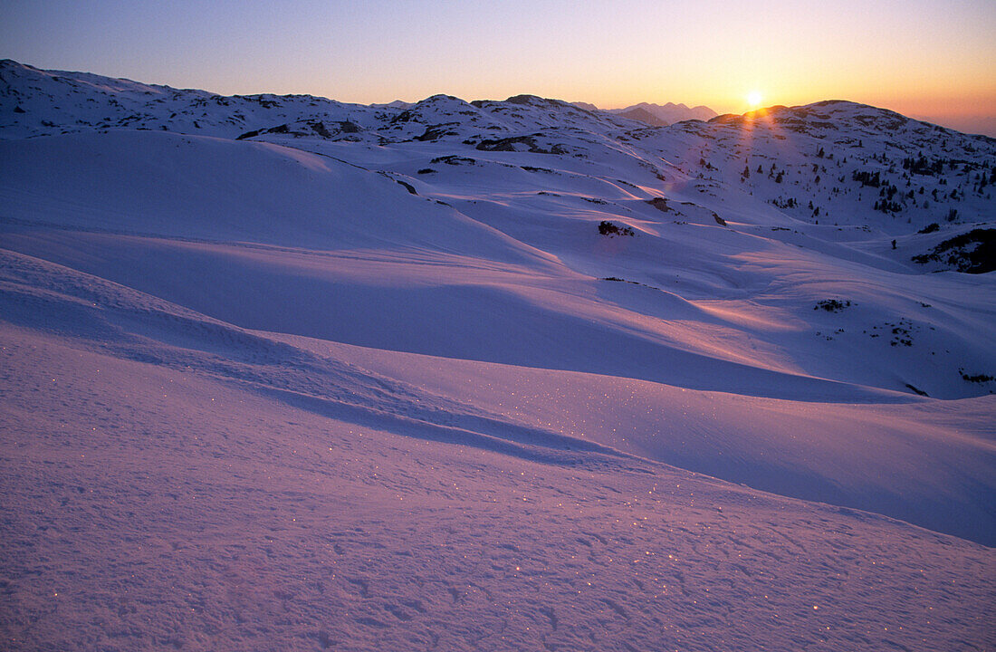 pinkfarbenes Licht des Sonnenaufgangs auf der weiten Schneefläche des Hagengebirges, Berchtesgadener Alpen, Oberbayern, Bayern, Deutschland