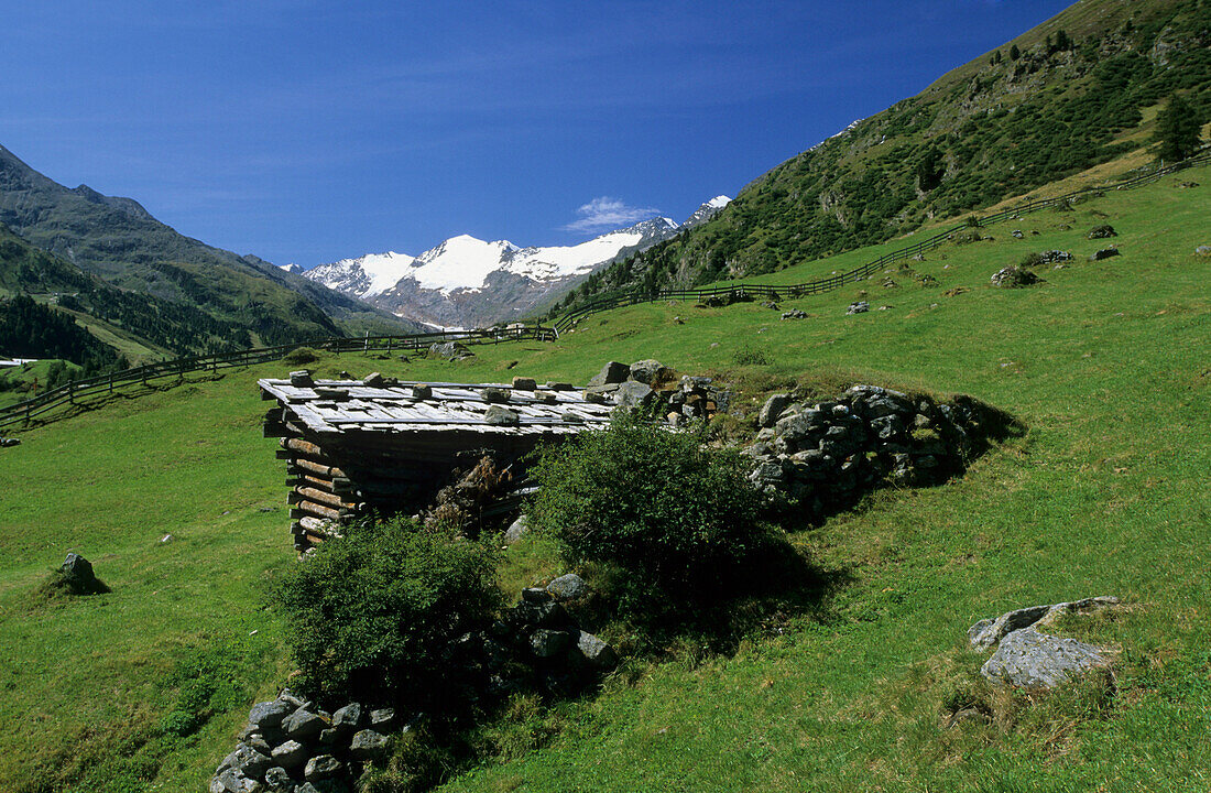 haystack in Ötztal, Ötztal range, Tyrol, Austria
