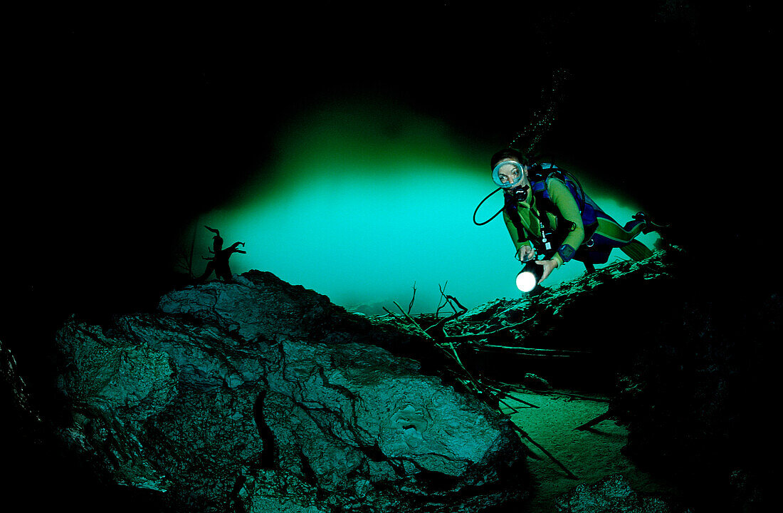 Scuba diver in underwater cave Laguna Pepe, Dominican Republic, Punta Cana, Freshwater