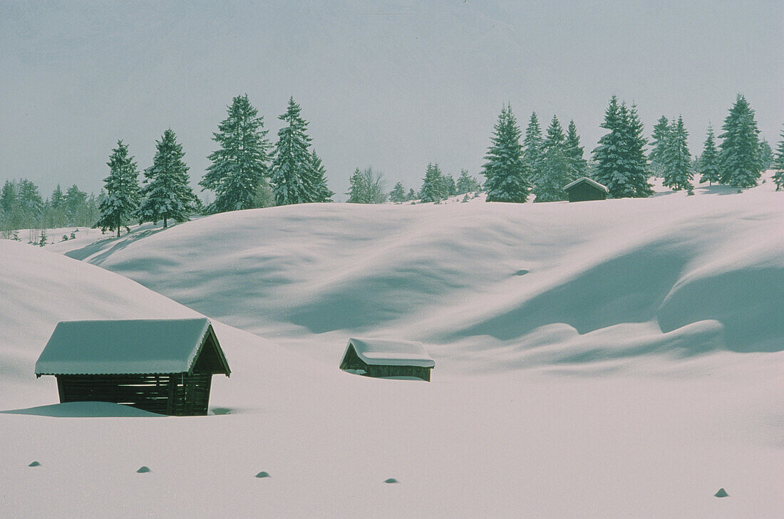 Buckelwiesen covered by snow near Mittenwald, Upper Bavaria, Bavaria, Germany