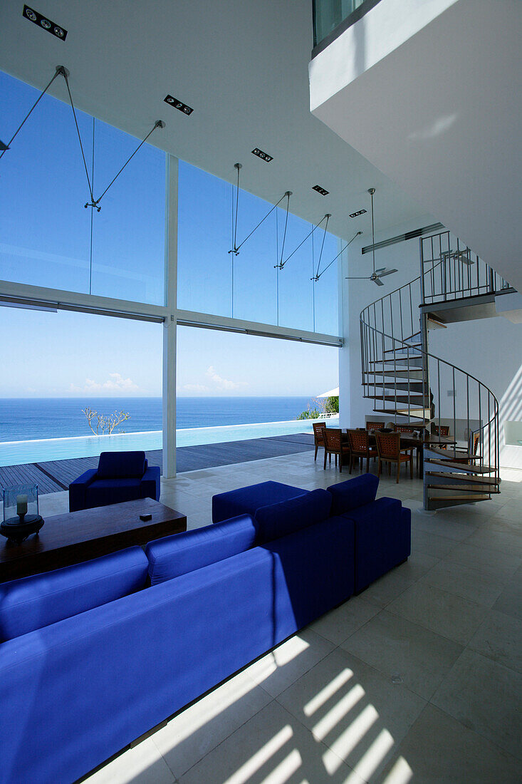 Deserted lounge area with sea view, Bali, Indonesia