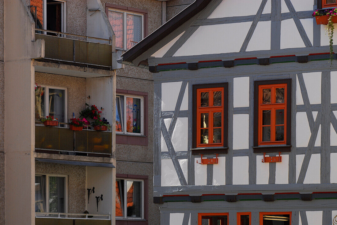Half timbered house next to prefabricated building, Schmalkalden, Thuringia, Germany