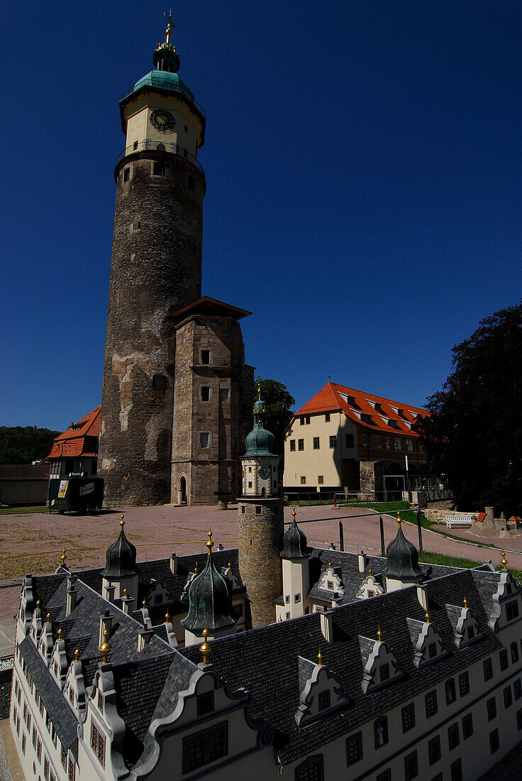 Castle Neideck with reconstruction model and tower, Arnstadt, Thuringia, Germany