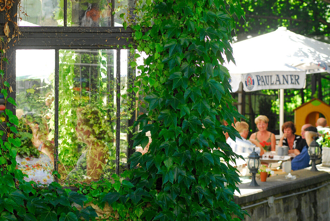 View into a beer garden, Henneberger Haus, in Meiningen, Thuringia, Germany