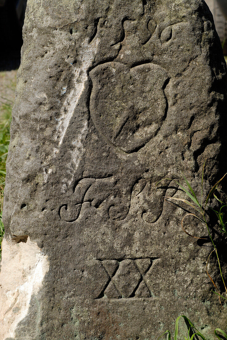 Old mark stone for former border at Rennsteig, Thuringia, Germany