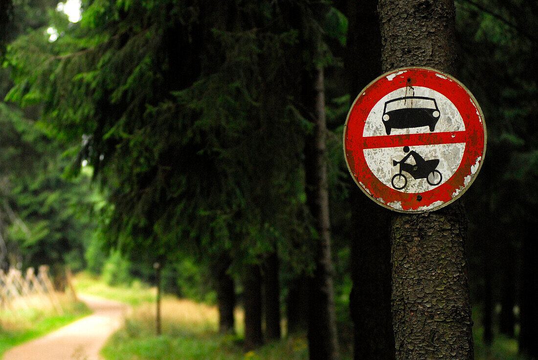 An old traffic sign, no traffic allowed, at Rennsteig near Oberhof, Thuringia, Germany