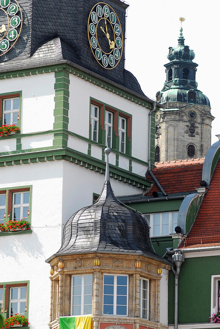 City hall and tower of Heidecksburg castle, Rudolstadt, Thuringia, Germany