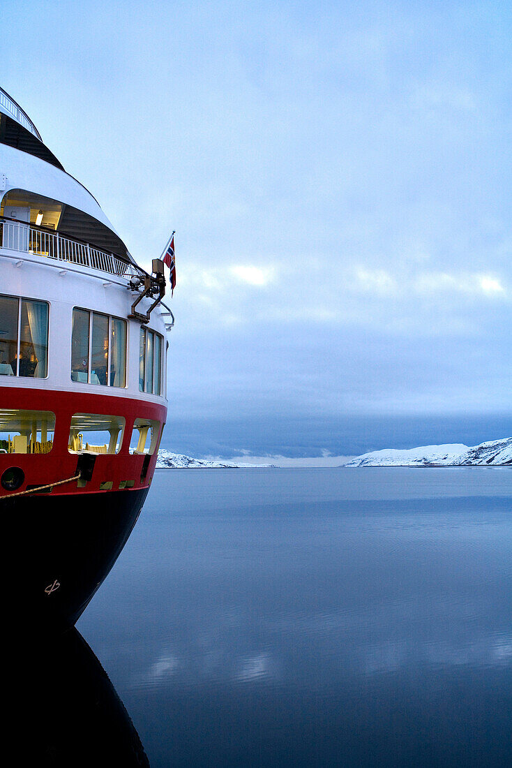 Hurtigrute ship MS Finnmarken at harbour of Kirkeness, North Norway, Norway