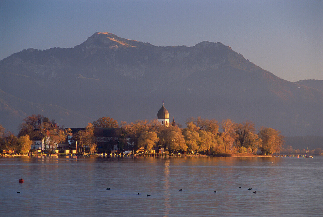 View to Frauenchiemsee with campanile, Lake Chiem, Chiemgau, Bavaria, Germany