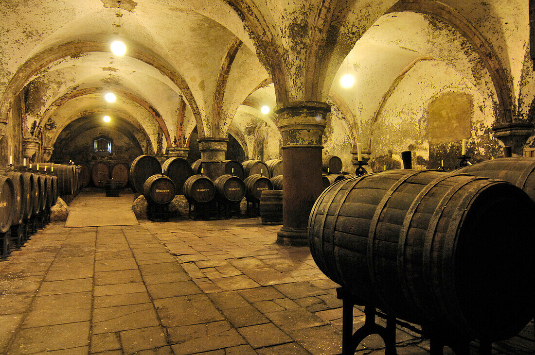 Inside the wine cellar at Cloister Eberbach, Rheingau, Hesse, Germany