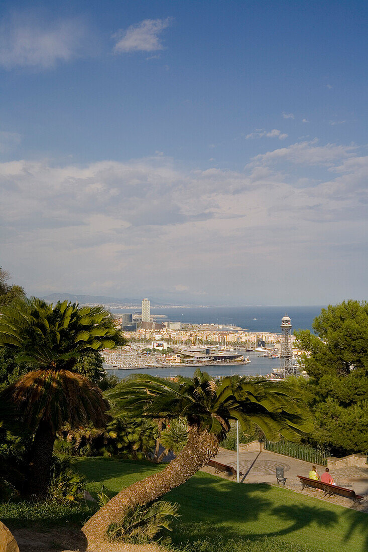 Jardins del Mirador, view from Montjuic to harbour,  coastline, Barcelona, Spain