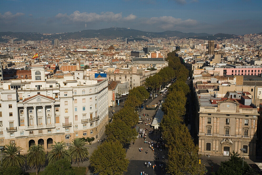 La Rambla, bird eye view from Monument a Colom, Les Rambles, Ciutat Vella, Barcelona, Spain