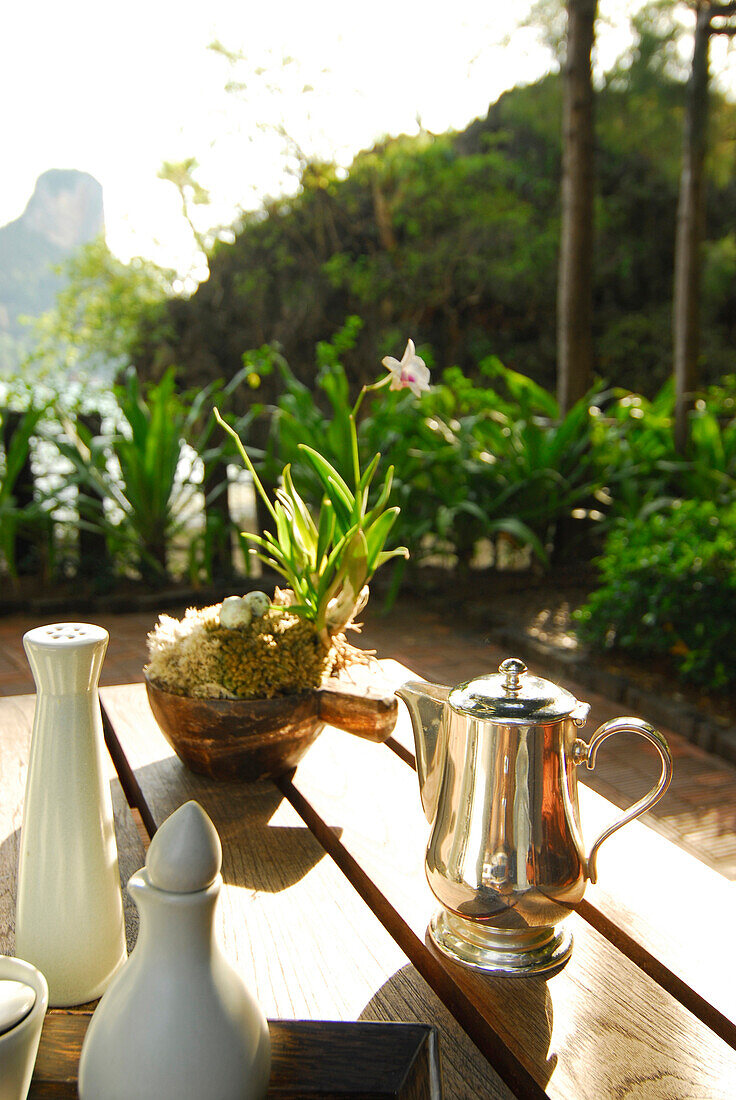 Breakfast and coffee in tropical garden of Hotel Rayavadee, Hat Phra Nang, Krabi, Thailand