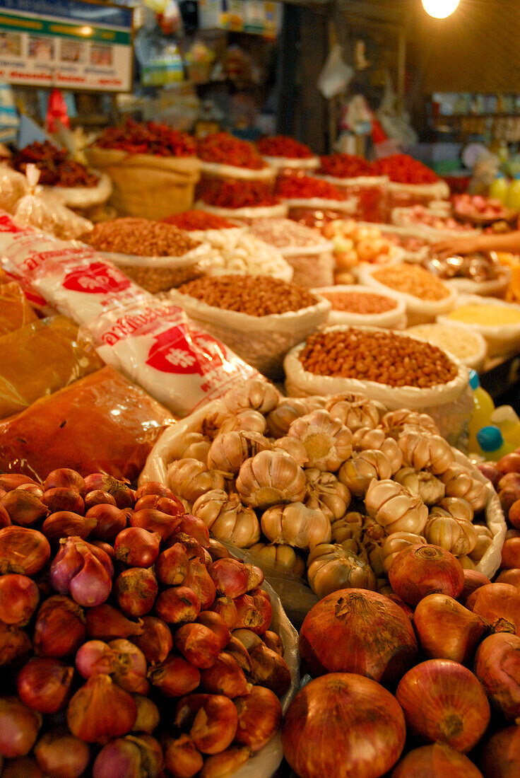 Onion, garlic and chilli peppers at the main market, Phuket Town, Thailand