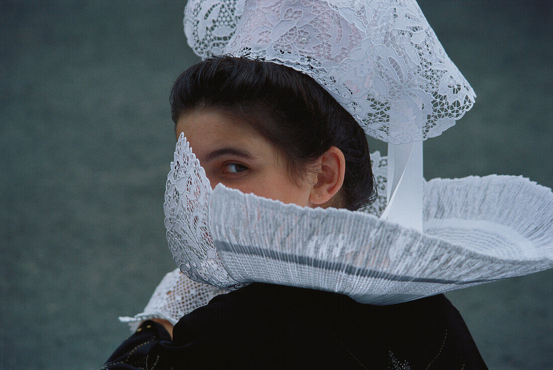 Woman in Traditional Costume, Fest de Cornouaille, Quimper, Brittany, France