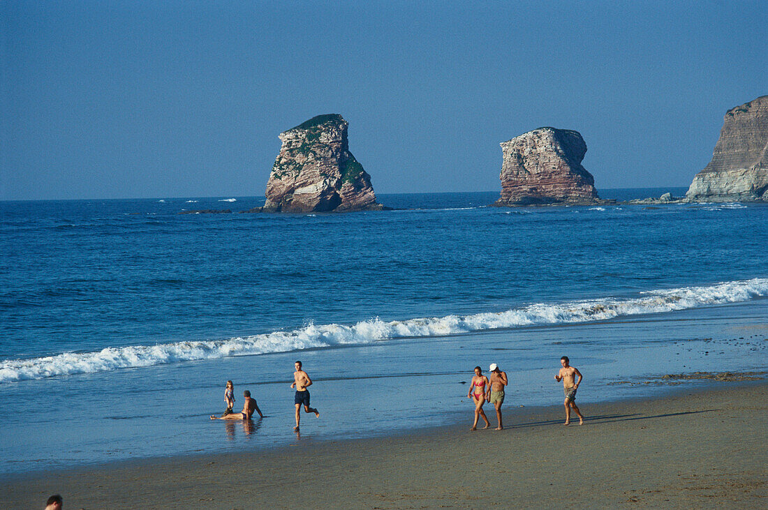 People on the beach, Les Deux Jumeaux, Hendaye, Basque Country, Atlantic Coast, France