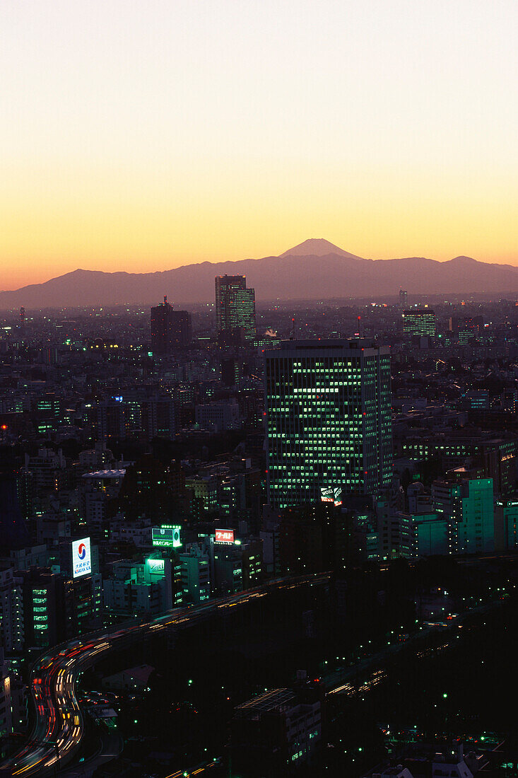 Skyline of Tokyo at night with Mount Fujiyama in the background, Tokyo, Japan
