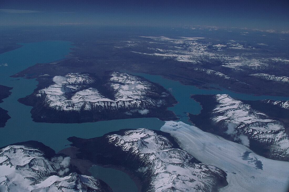 Aerial view of Lago Argentino, Perito Moreno Glacier, Los Glaciares Natinal Park, Patagonia, Argentina