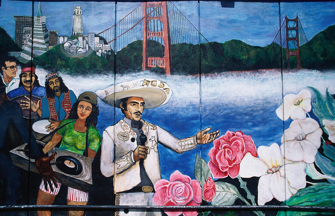 Hispanic people, flowers and Golden Gate Bridge, Mural on the wall of a building, Mission District, San Francisco, California, USA