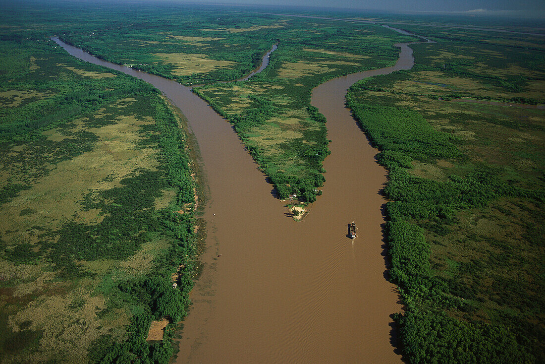 Aerial Photo, Delta of river Rio Parana with Freighter, Buenos Aires, Argentina, South America