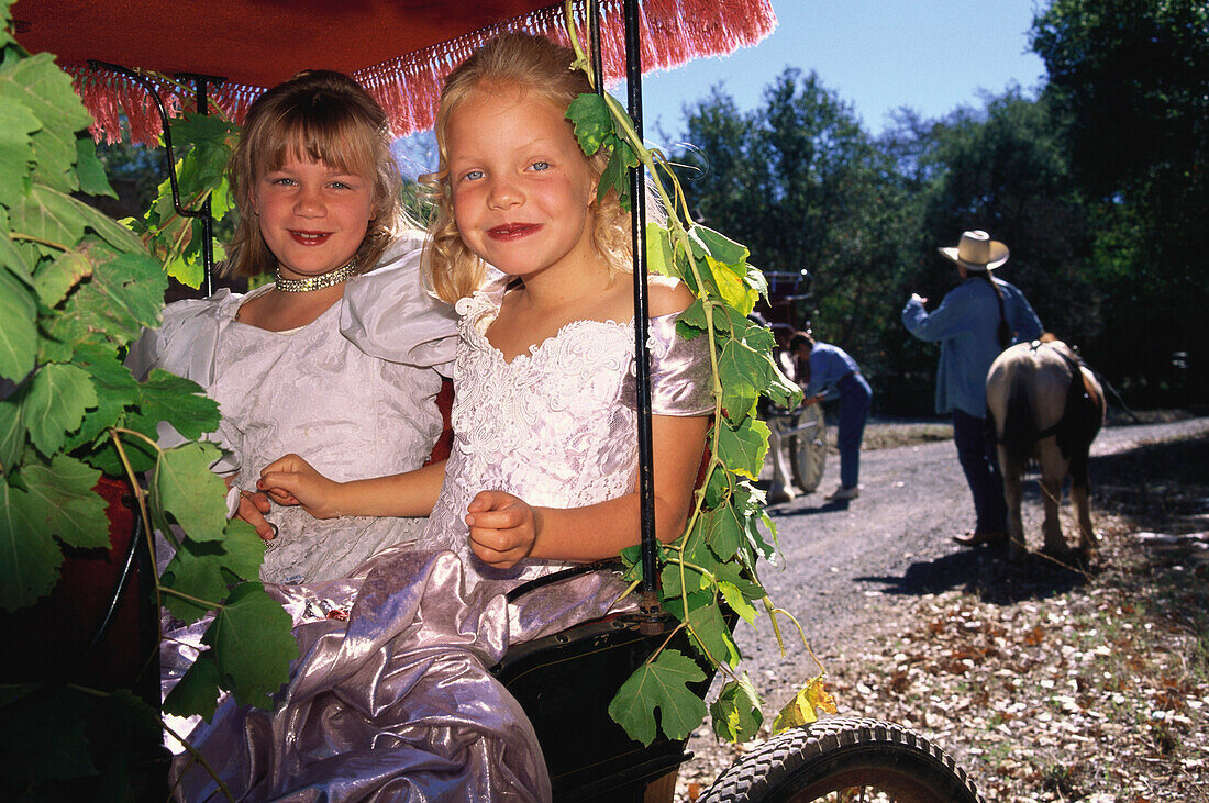 Two children, girls, sitting in a carriage decorated with grape leaf, Festival, Glen Ellen, Sonoma Valley, California, USA