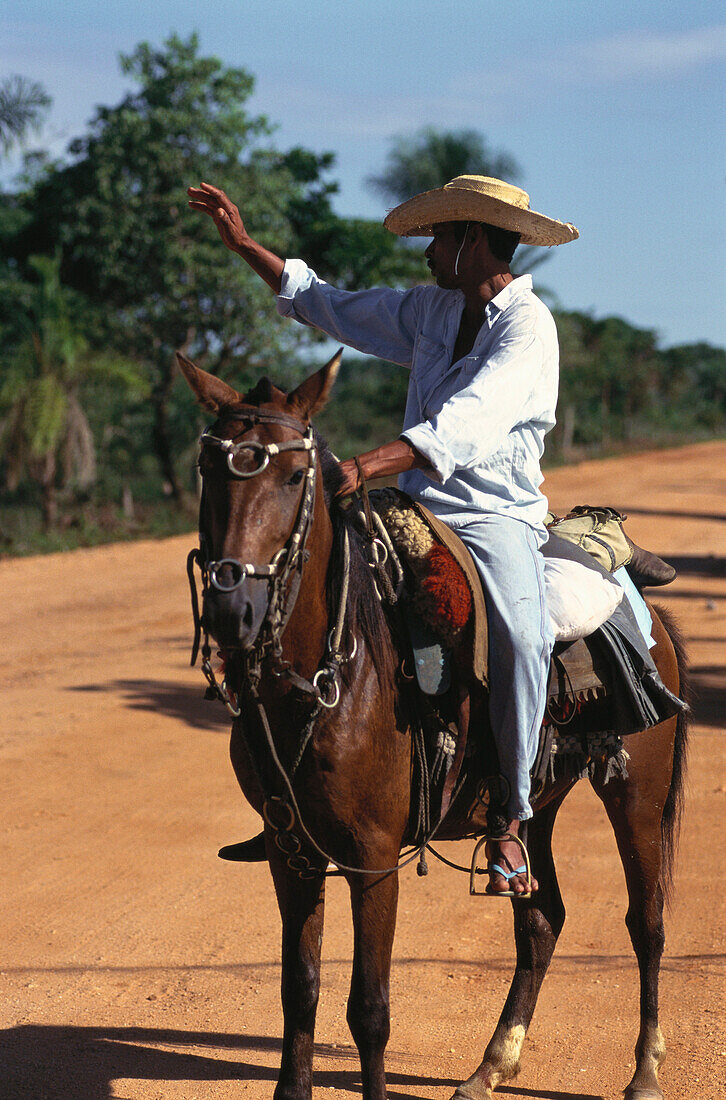 Gaucho zu Pferd, Transpantaneira, Pantanal, Mato Grosso, Brasilien, Südamerika