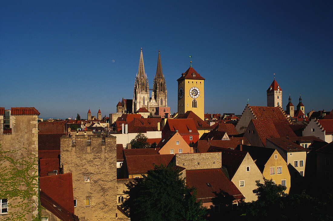 Towers and roofs of Regensburg's medieval Old Town, Upper Palatinate, Bavaria, Germany