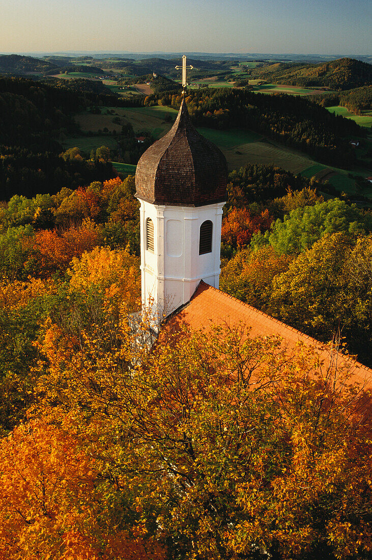 Onion dom of Falkenstein castle's chapel in front of autumnly coloured hills, Falkenstein, Bavarian Forest, Upper Palatinate, Bavaria, Germany