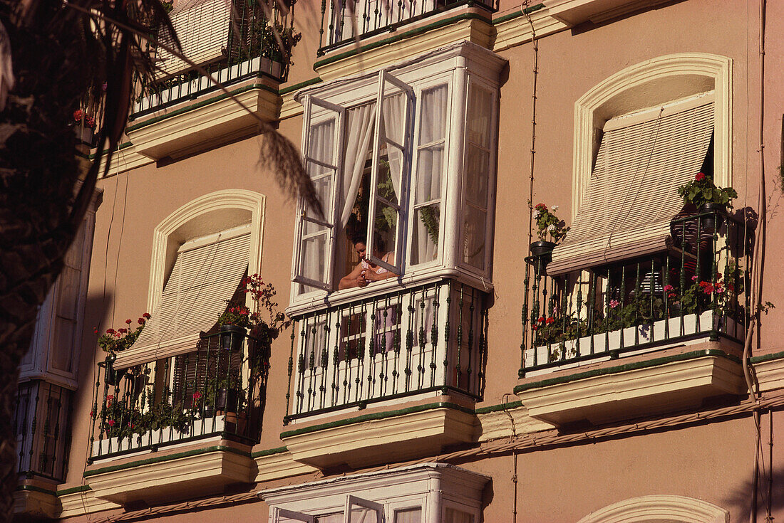 Eine Frau schaut aus dem Fenster ihres Hauses in Cádiz, Andalusien. Spanien