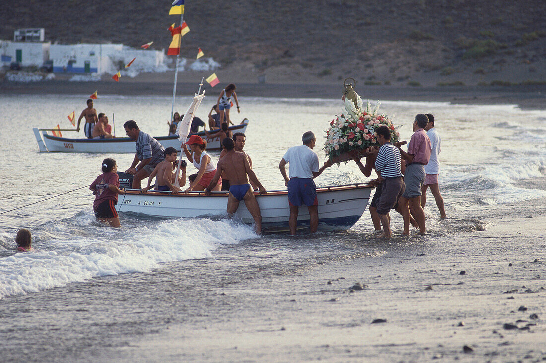 Boat procession, Fiesta de Ntra., Senora del Carmen, Giniginamar, Fuerteventura, Canary Islands, Spain