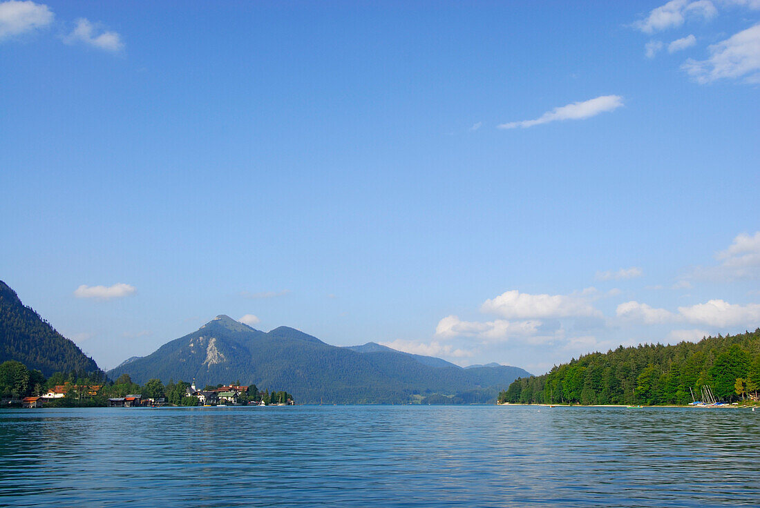 Blick über Walchensee auf Walchensee und Jochberg, Oberbayern, Bayern, Deutschland