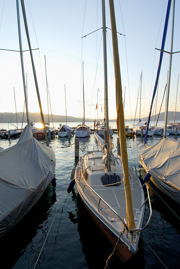 Sailing boats in harbor, lake Attersee, Salzkammergut, Salzburg, Austria