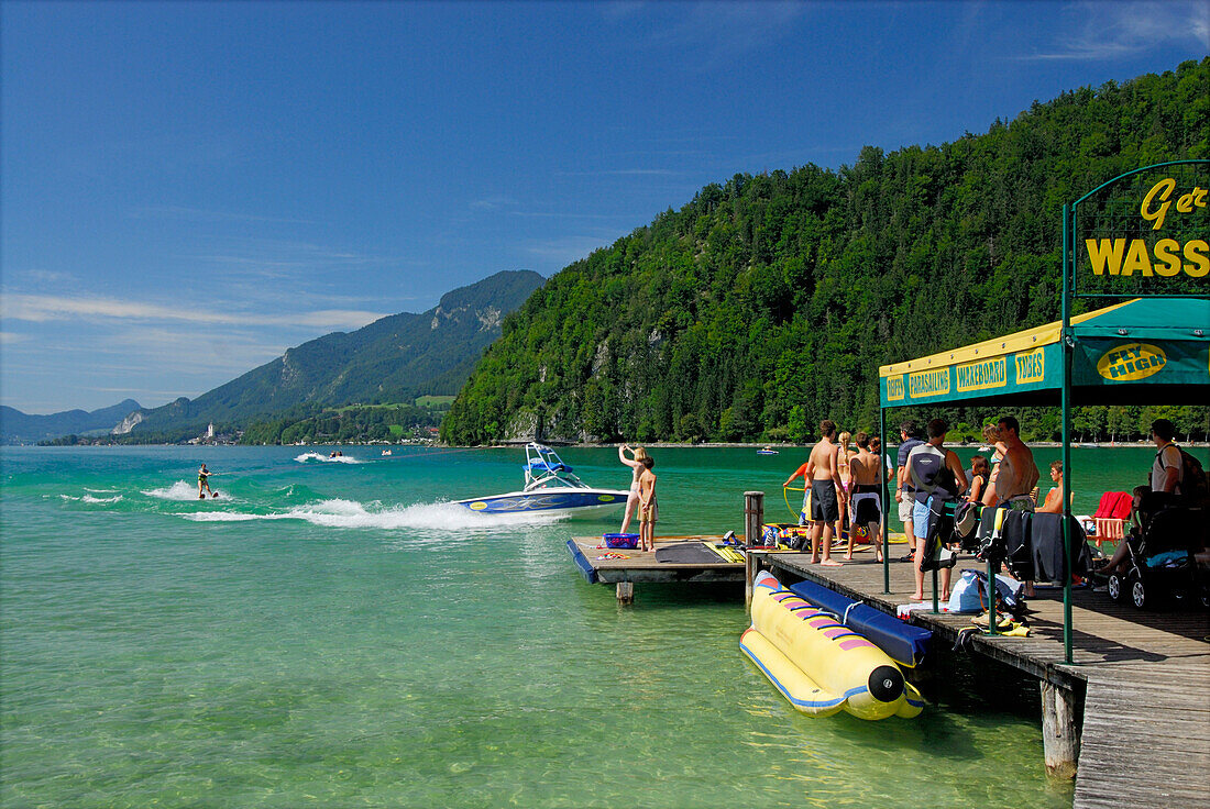 Landing stage of water ski school at lake Abersee (lake Wolfgangsee), Salzkammergut, Salzburg, Austria