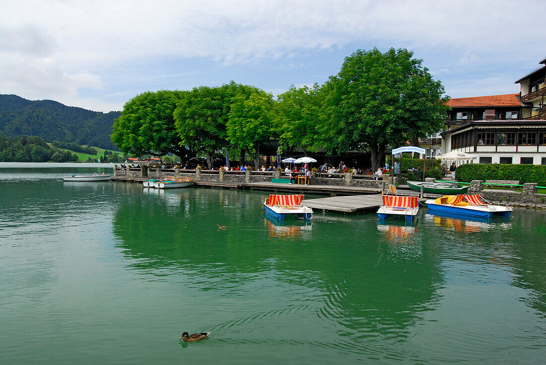 lake Schliersee with pedal boats and beer garden in background, Upper Bavaria, Bavaria, Germany