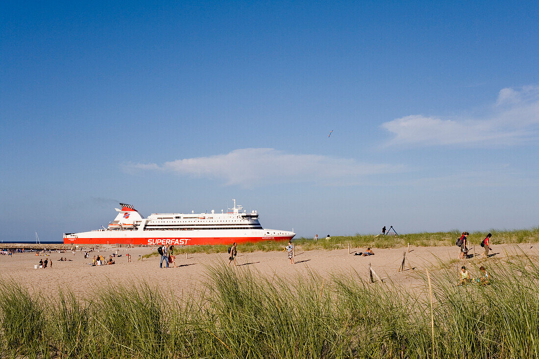 Ferry Boat, Beach, Rostock-Warnemünde, Baltic Sea, Mecklenburg-Western Pomerania, Germany
